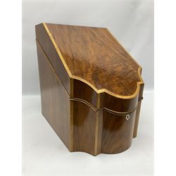 Mahogany stationery box in the form of a Georgian knife box, of serpentine fronted form with strung detail to the hinged cover and body, H38cm