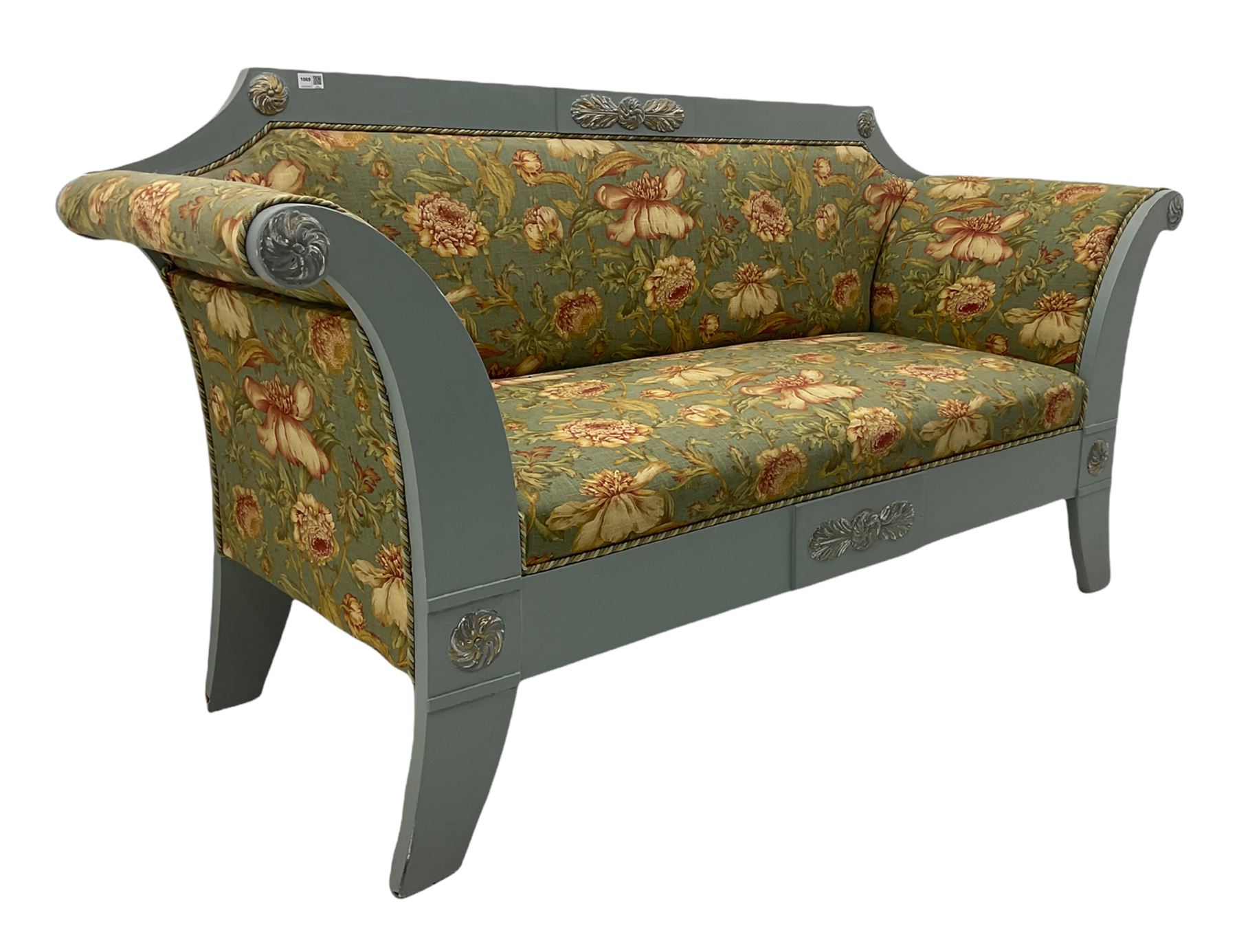 French empire style settee upholstered in 'Leighton' by Margarita Cushing floral fabric, grey painted and gilt frame