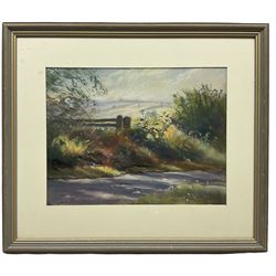 Jill Grinstead (Northern British Contemporary): Rural Landscape with Path and Gate, pastel signed 21cm x 27cm