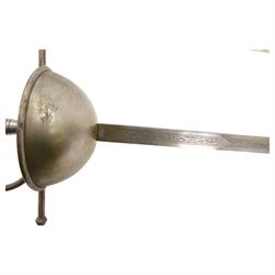 Pappenheimer rapier with L98cm double edged blade, looping narrow bar guard and wire bound grip together with Cup guard rapier, stamped Toledo in leather scabbard 