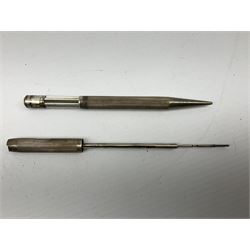 20th century engine turned silver propelling pencil by Johnson, Matthey & Co, stamped London 1956, together with silver cigarette case stamped Birmingham 1904 with engraved foliate decoration, total weight 74g