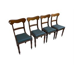 Set four Victorian mahogany dining chairs, shaped cresting rail over centre rail, seat upholstered in blue patterned fabric, raised on turned supports