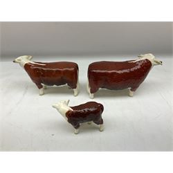 Beswick Hereford family group, comprising bull 'Ch of Champion' no. 1363, cow 'Ch of Champion' no. 1360, and calf no.1827c