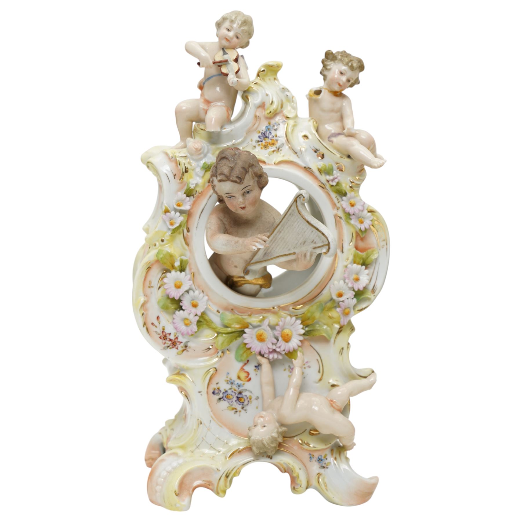 Sitzendorf four branch candelabrum, the column formed as a tree with figures H53cm and Sitzendorf mirror, H22cm; together with a similar mantle ornament 