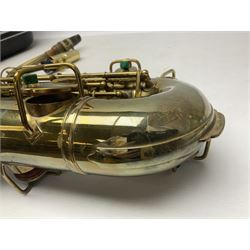 Lacquered brass 'King' alto saxophone inscribed Made by the H.N. White Co.' (Cleveland Ohio) with crook, serial no.84128; also stamped No.1 549 911 and Pat D 8-18-25; in fitted carrying case 