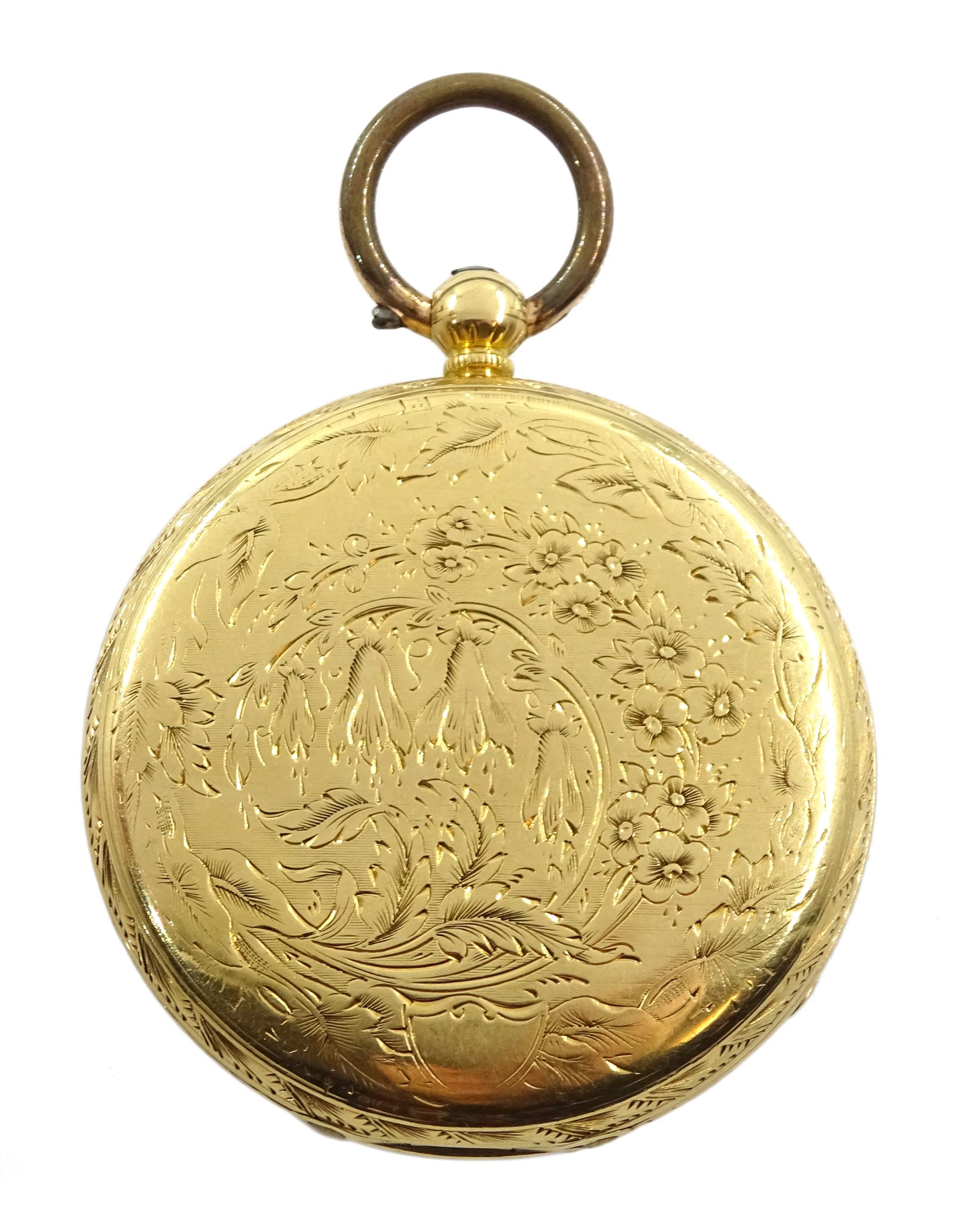 Victorian 18ct gold open face ladies English lever fusee pocket watch No. 1407, gilt dial with Roman numerals and subsidiary seconds dial, back case with engraved flower and foliate decoration, hallmarked London 1861