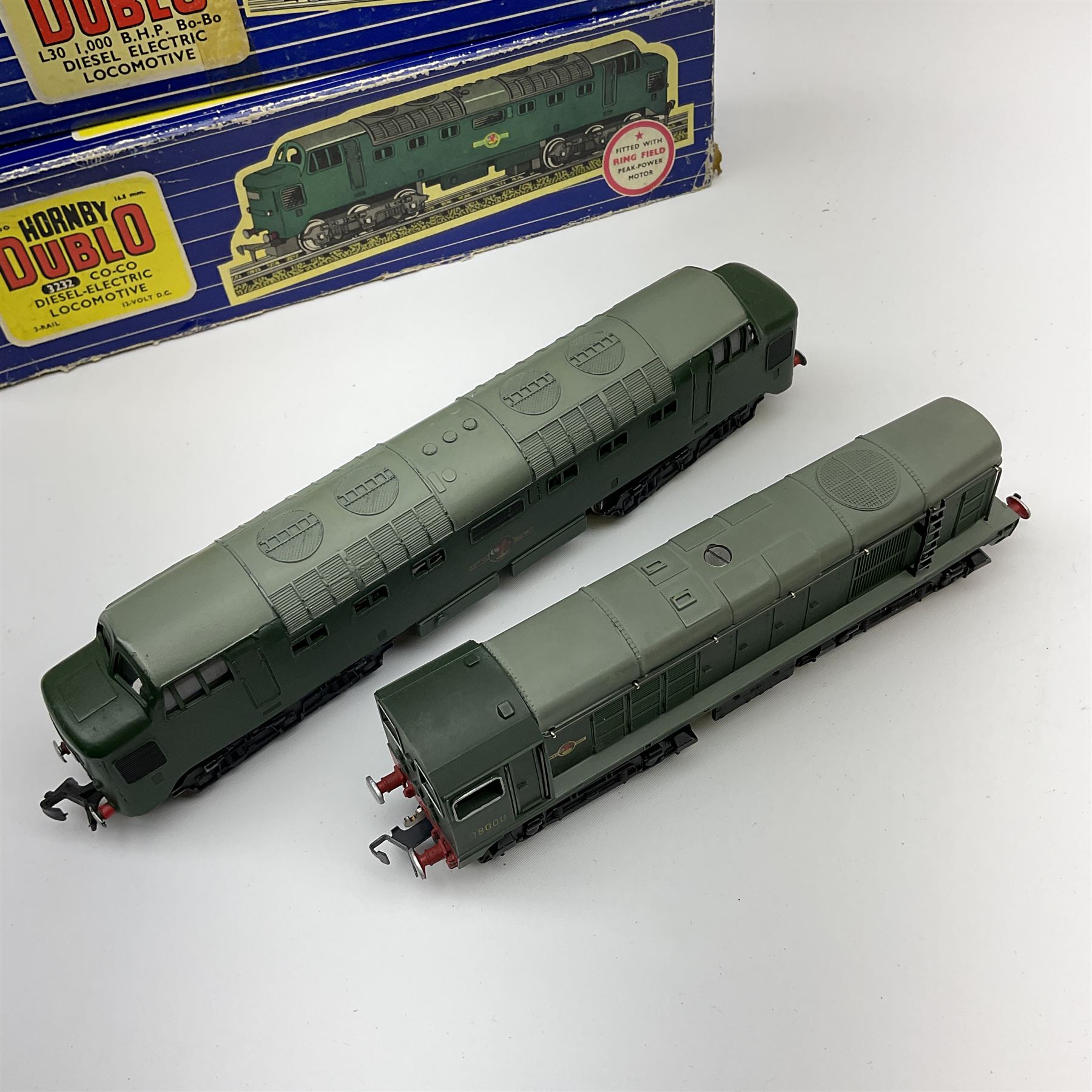 Hornby Dublo - three-rail Deltic Type Diesel Co-Co locomotive; and Class 20 1000 B.H.P. Bo-Bo Diesel Electric locomotive No.D8000; both in blue striped boxes (2)