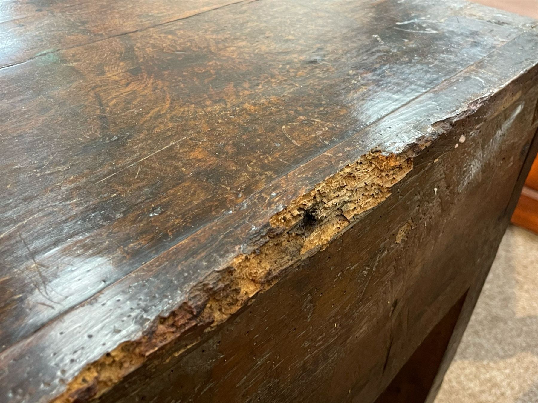 18th century oak dresser base, moulded rectangular top over two drawers and shaped apron, moulded drawer fronts fitted with shaped brass handle plates and swan neck handles, on chamfered square supports united by pot board base 