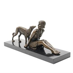 After Démete Chiparus (Romanian 1886-1947): A Girl and Her Borzoi Hound, art deco bronze, on black marble plinth, including base W29cm 