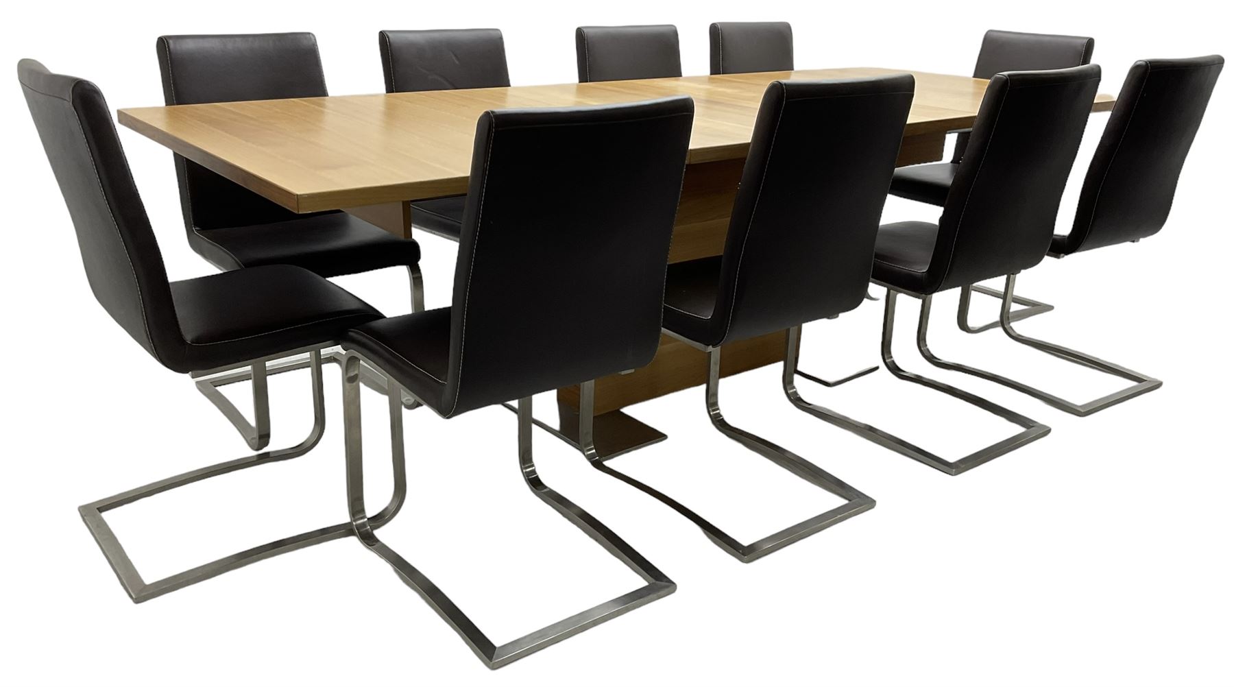 Contemporary walnut extending dining table, rectangular pull-out extending action top with two additional leaves, on rectangular base with burnished metal feet (160cm - 258cm x 100cm, H78cm); together with a set of ten cantilever dining chairs upholstered in stitched brown leather, on burnished metal supports 