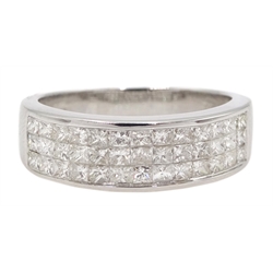 18ct white gold three row pave set, princess cut diamond ring, hallmarked, diamond total weight approx 1.10 carat