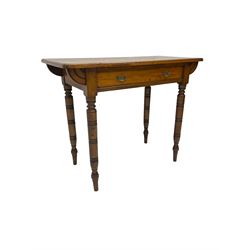 Victorian oak side table, fitted with single drawer, raised on ring turned supports