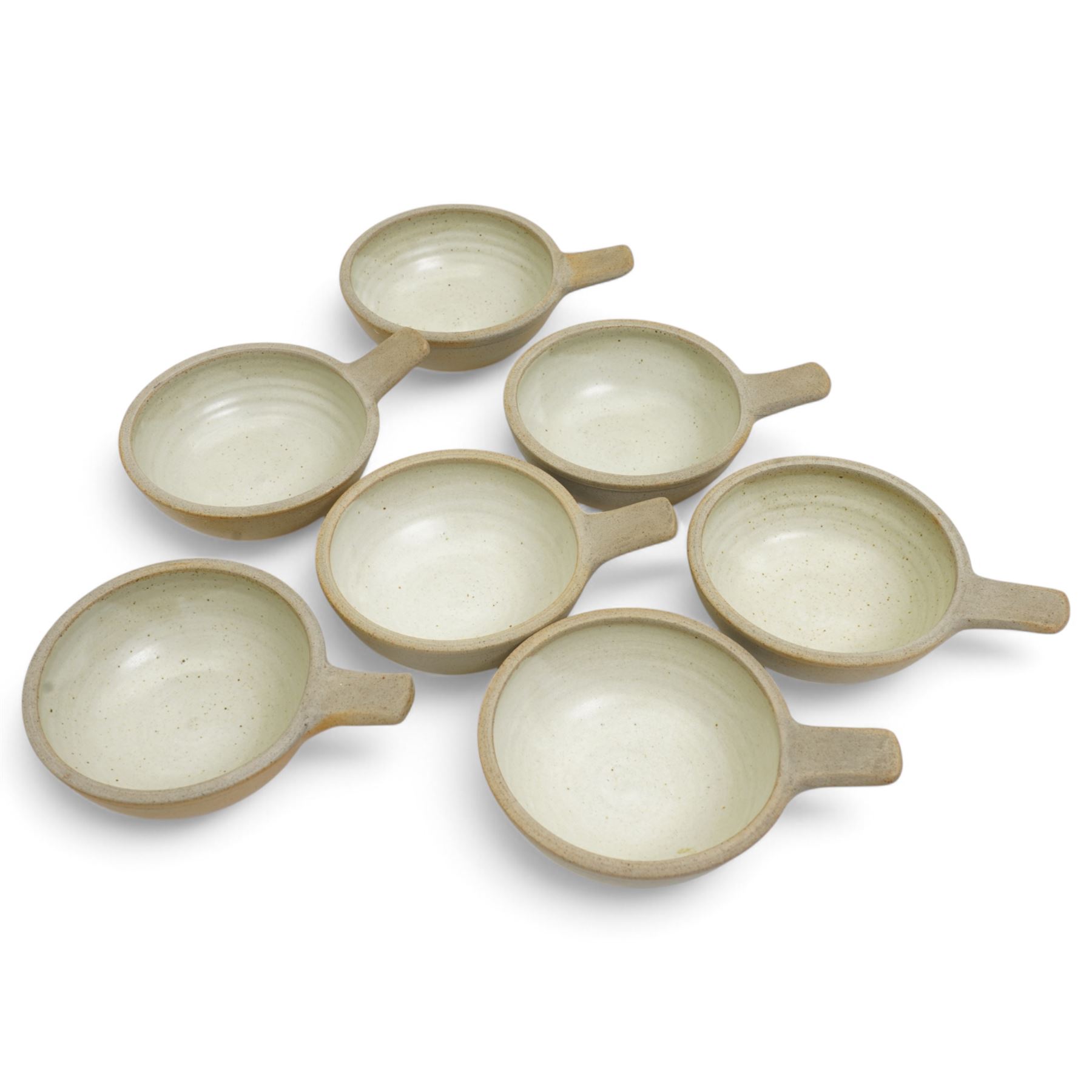 Set of seven Winchcombe studio pottery soup bowls, with impressed marks to bases, D17cm including handles