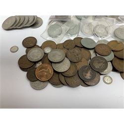 Coins including small number of Great British pre 1947 silver threepence pieces, pre-decimal pennies, commemorative crowns, various half crowns etc