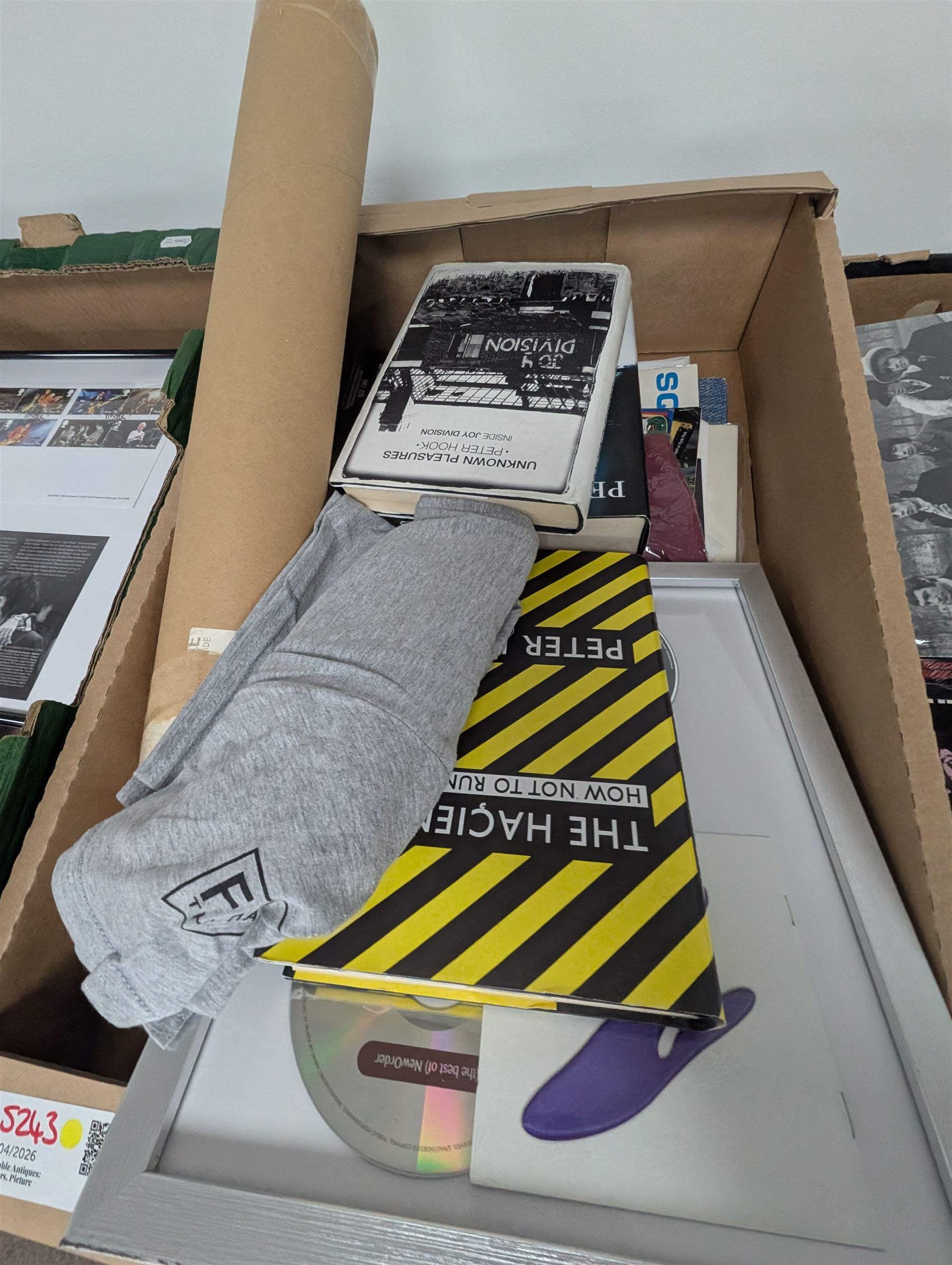 Collection of music memorabilia, including signed Peter Hook memorabilia, Status Quo, Rolling Stones, Neil Diamond, Joy Division tshirts, posters, books, etc