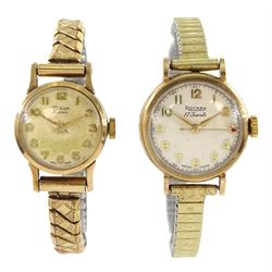 Two 9ct gold manual wind wristwatches, hallmarked, on expanding gilt straps