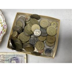 Set of four Dresden dessert plates hand painted with flowers and gilt scrolls, together with silver plate serving dish, a mahogany folding cake stand and a collection of coins