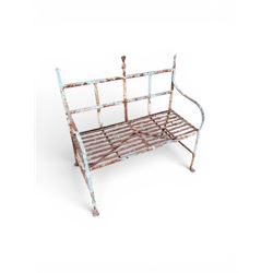 Regency period wrought iron strapwork garden bench, cresting rail with central Scottish thistle motif and flanking pediments, in distressed blue painted finish