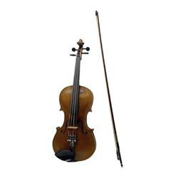 German Saxony violin c1900 with 35.5cm two-piece medium grain maple back and ribs and medium grain spruce top; bears label 'Jacobus Stainer in Absam prope Oenipontum 17xx Made in Germany', 59.5cm overall; with modern bow (2)