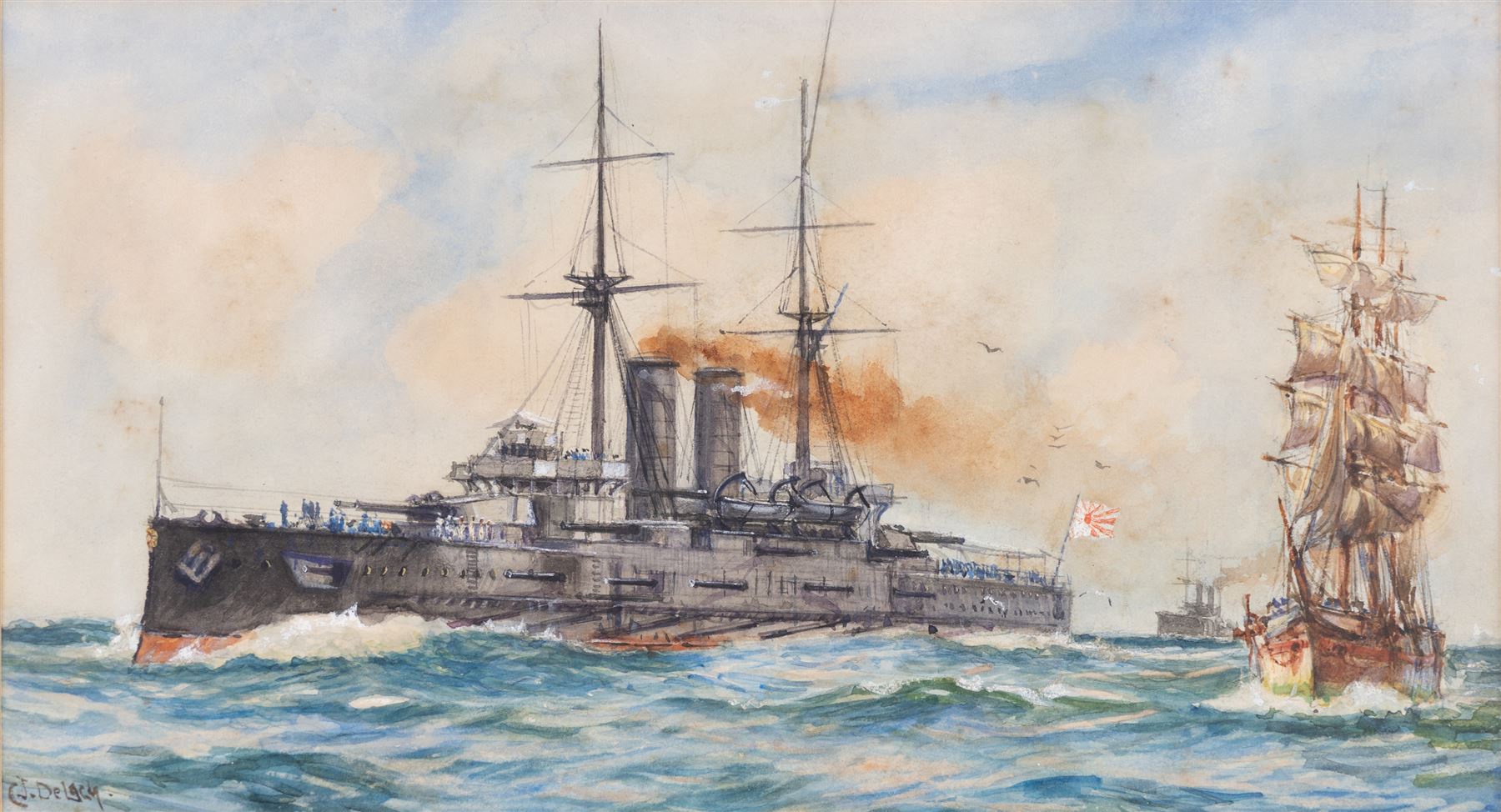 Charles John de Lacy (British 1856-1929): Japanese Battleship, watercolour signed 14.5cm x 26.5cm 