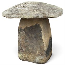 Pair of 19th century weathered hewn sandstone two-piece staddle stones, domed circular top over a tapering base