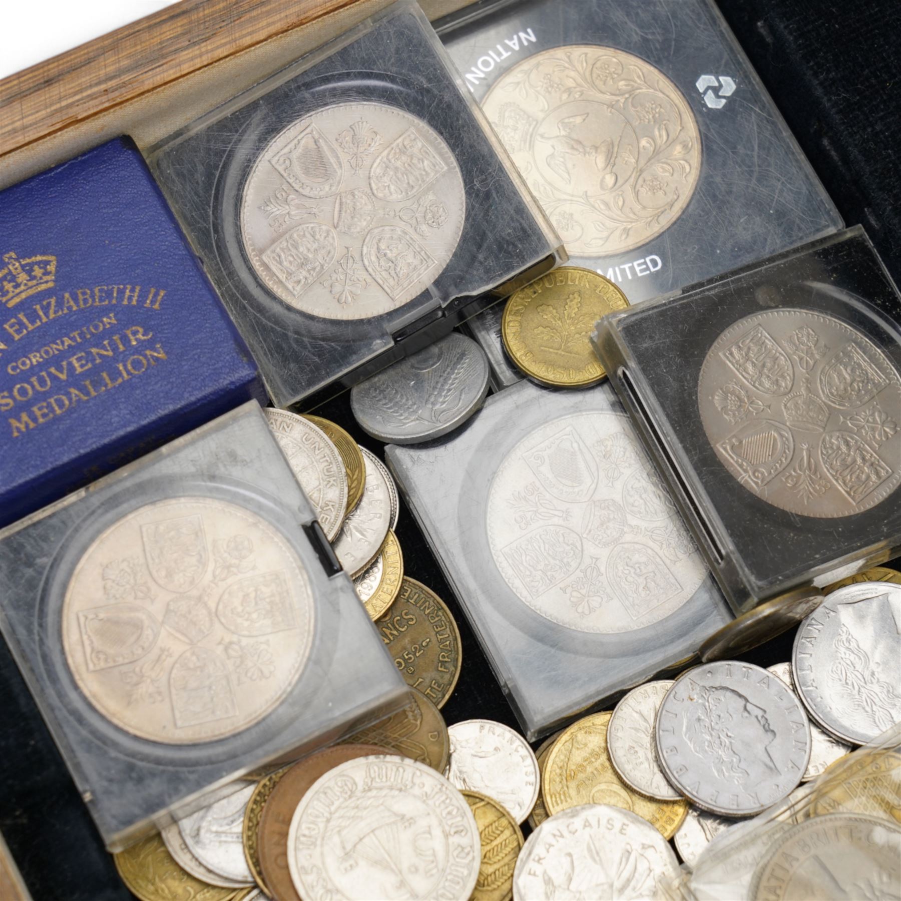 Oak box and contents of coins including German 5 Mark 1935, four QEII 1953 crowns etc