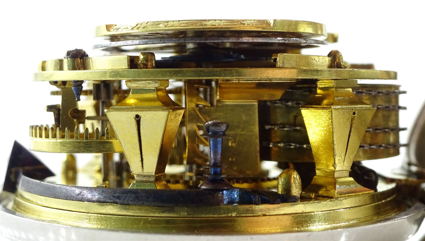 18th century silver pair cased verge fusee pocket watch by John Berry, London, No. 750, Egyptian pillars, pierced and engraved balance cock with scallop shell decoration, silver champleve dial with gilt border, Roman hours and outer Arabic minute ring, steel beetle and poker hands, dial signed Berry London