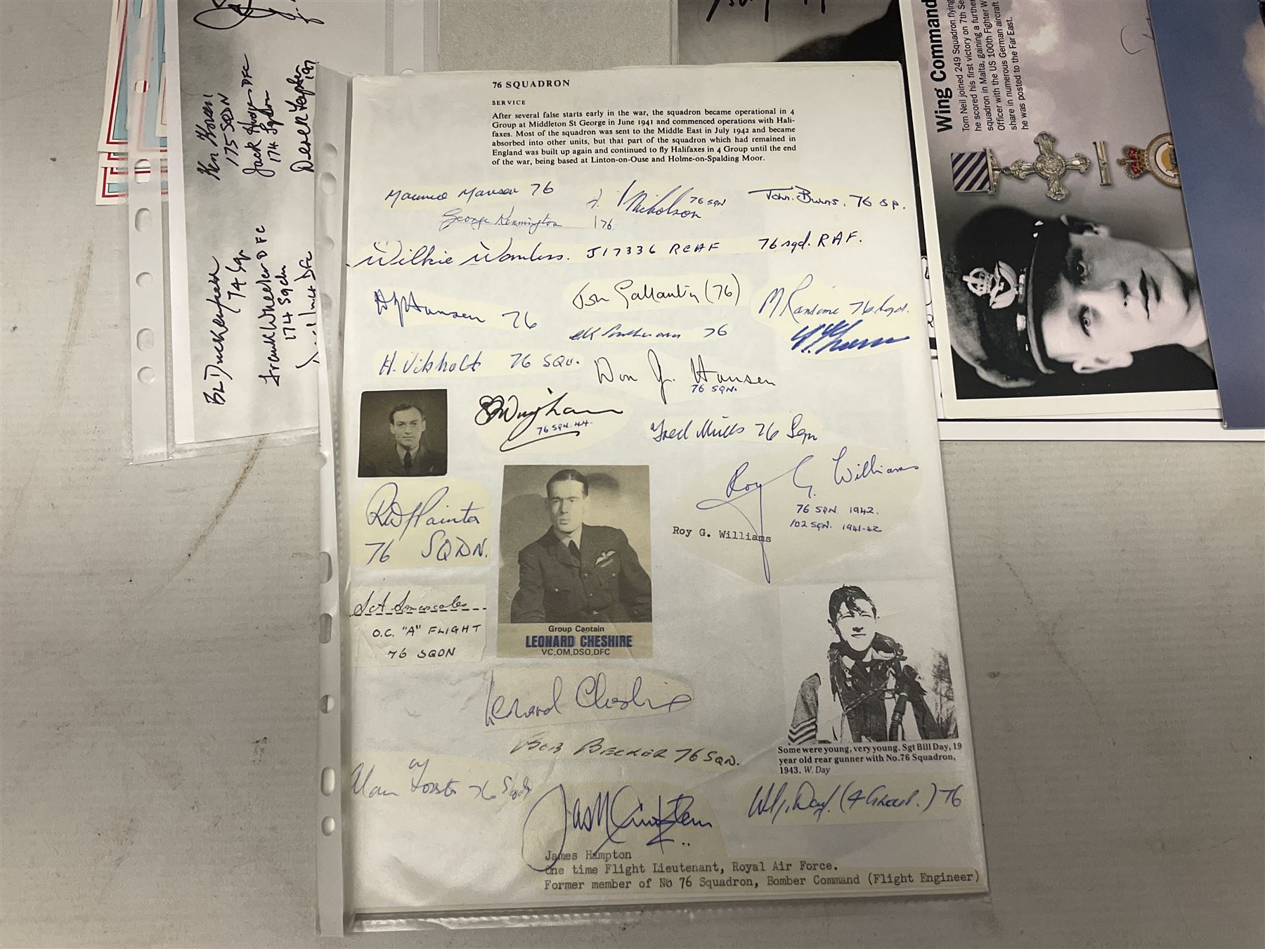76 Squadron - small archive of photographs, signatures etc; signed copy of Conversations with a Rear gunner by Tony Winser; and collection of signatures of WW2 pilots and aircrew, some original but most facsimile/copies, including Lt. Col. W.A. Bishop VC, DSO, MC, DFC, Johnnie Johnson, Bomber Command etc