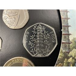 The Royal Mint United Kingdom 2009 brilliant uncirculated coin collection, including Kew Gardens fifty pence, in card folder