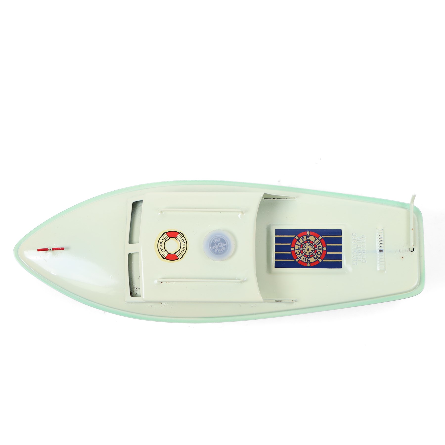 Sutcliffe Models tinplate clockwork Day Cruiser 'Sprite', in green and cream livery with red details, with key, boxed