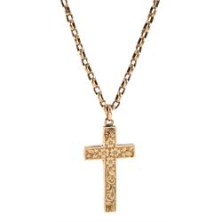 Edwardian 9ct rose gold cross, with bright cut floral decoration, Chester 1910, on 9ct rose gold cable link necklace with barrel clasp stamped 9ct