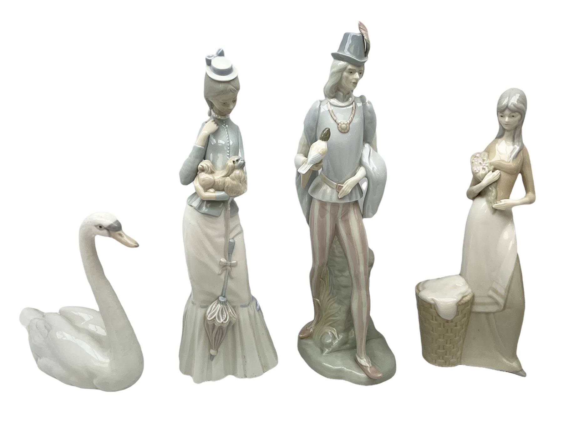 Lladro 'Walk With the Dog' figure no. 4893, together with Lladro swan figure, Porceval figure of a gentleman with a bird perched upon his hand and a further of a lady with flowers beside a basket, all with marks beneath, tallest H40cm