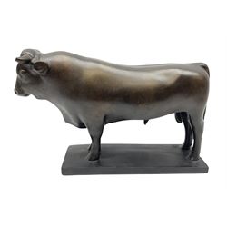 After Francois Pompon, composite bronzed Bull upon square plinth, H19cm L32cm
