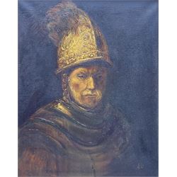 After Rembrandt van Rijn (Dutch 1606-1669): 'The Man with the Golden Helmet', 20th century oil on canvas indistinctly signed 49cm x 39cm
