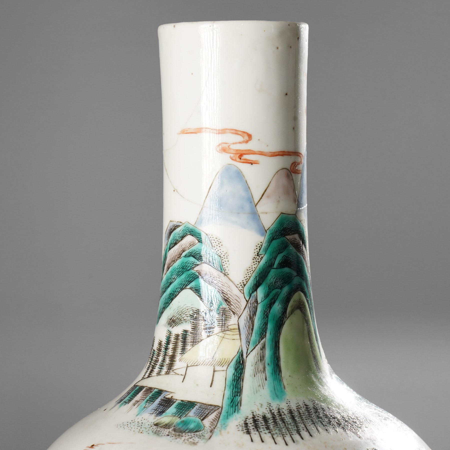 Chinese Kangxi period famille verte vase, the body finely painted with a continuous narrative scene of figures inside and out of a pavilion complex, beside a river, rocks and trees, character mark to base, raised upon a hardwood stand, overall H47cm
