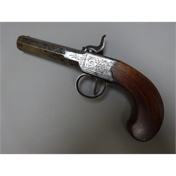  19th century 60 bore boxlock percussion pistol with walnut stock, chased action and trigger guard, the twist-off octagonal barrel inscribed Towl Boston L17cm with original purchase document from Rusty Old Arms, France  