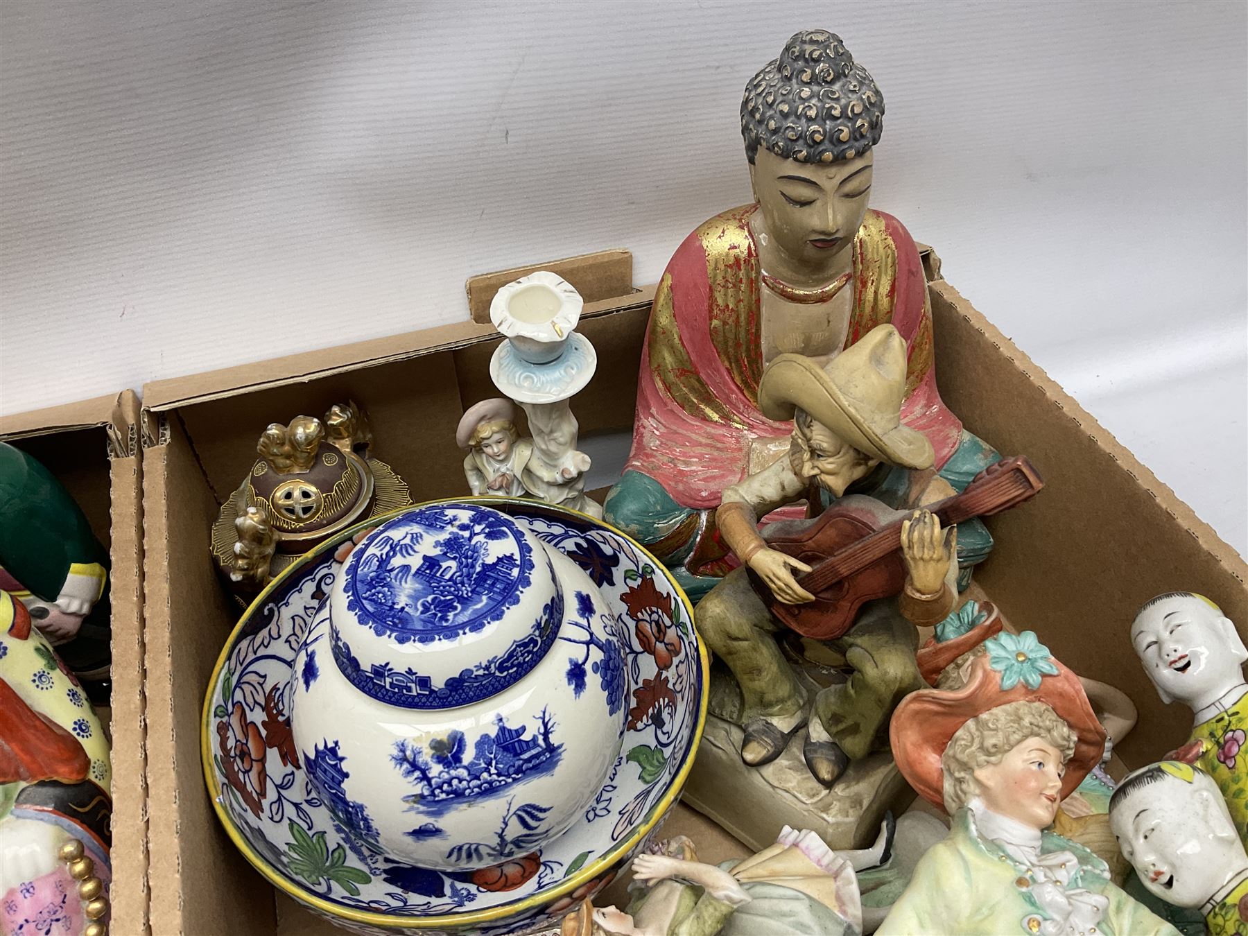 Collection of ceramics to include Royal Doulton Winston Churchill toby jug, Capodimonte style figures, novelty brandy decanter etc, in two boxes