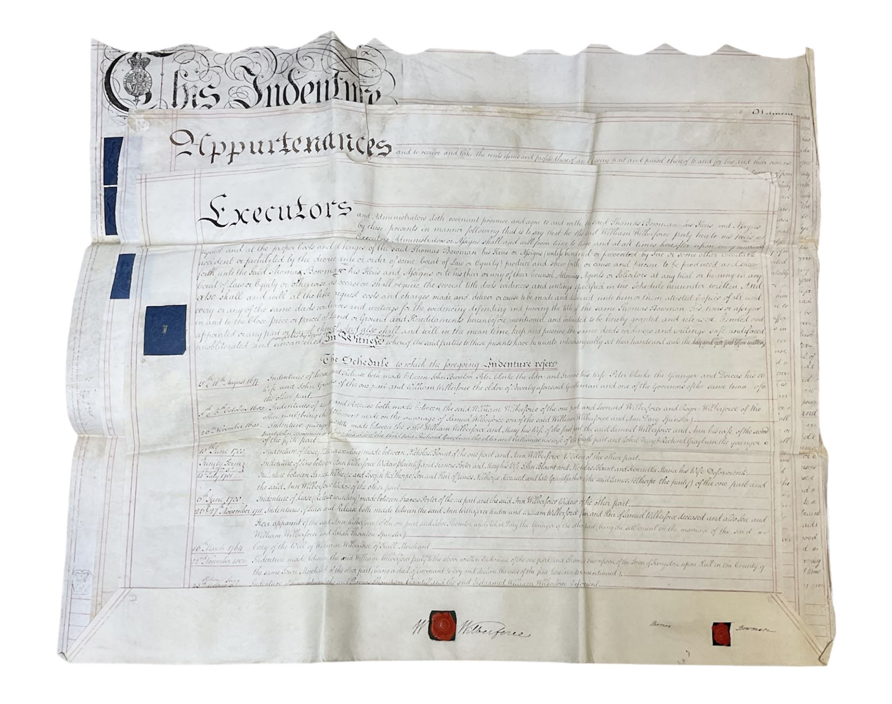 Early 19th century manuscript deed on vellum in three sections dated 25th February 1803 relating to 'An agreement between William Wilberforce, of the old palace yard, Westminster - son of Robert, AND The Reverend Thomas Bowman, of Beverley, who has agreed to buy from William Wilberforce the Freehold of a 