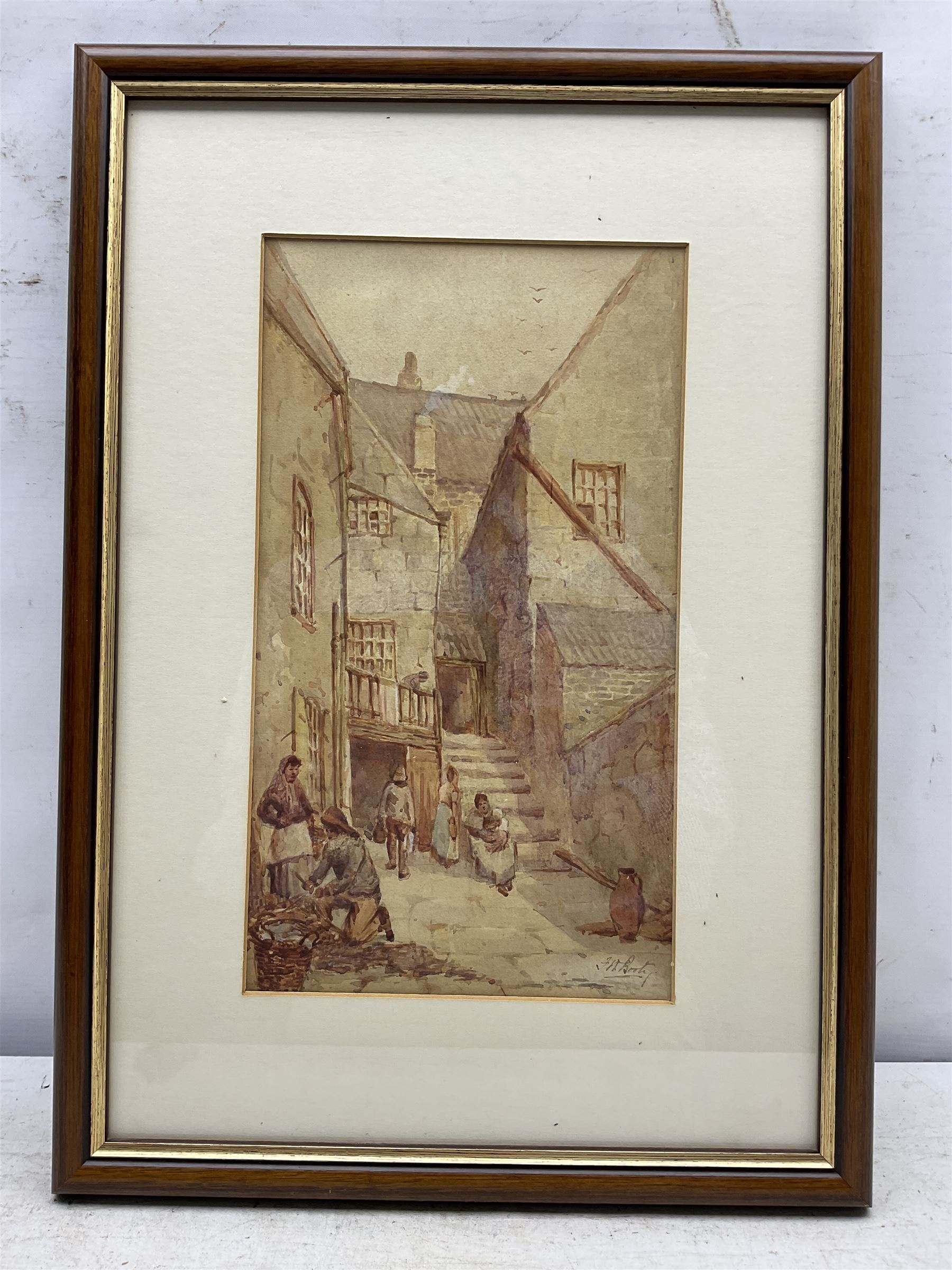 Frederick William Booty (British 1840-1924): Arguments Yard - Whitby, watercolour signed, original Henry Whitley title label verso 31cm x 18cm