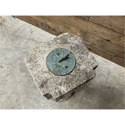 Collection of 9 decorative stone garden objects including sun dial small troughs mill stone and more,