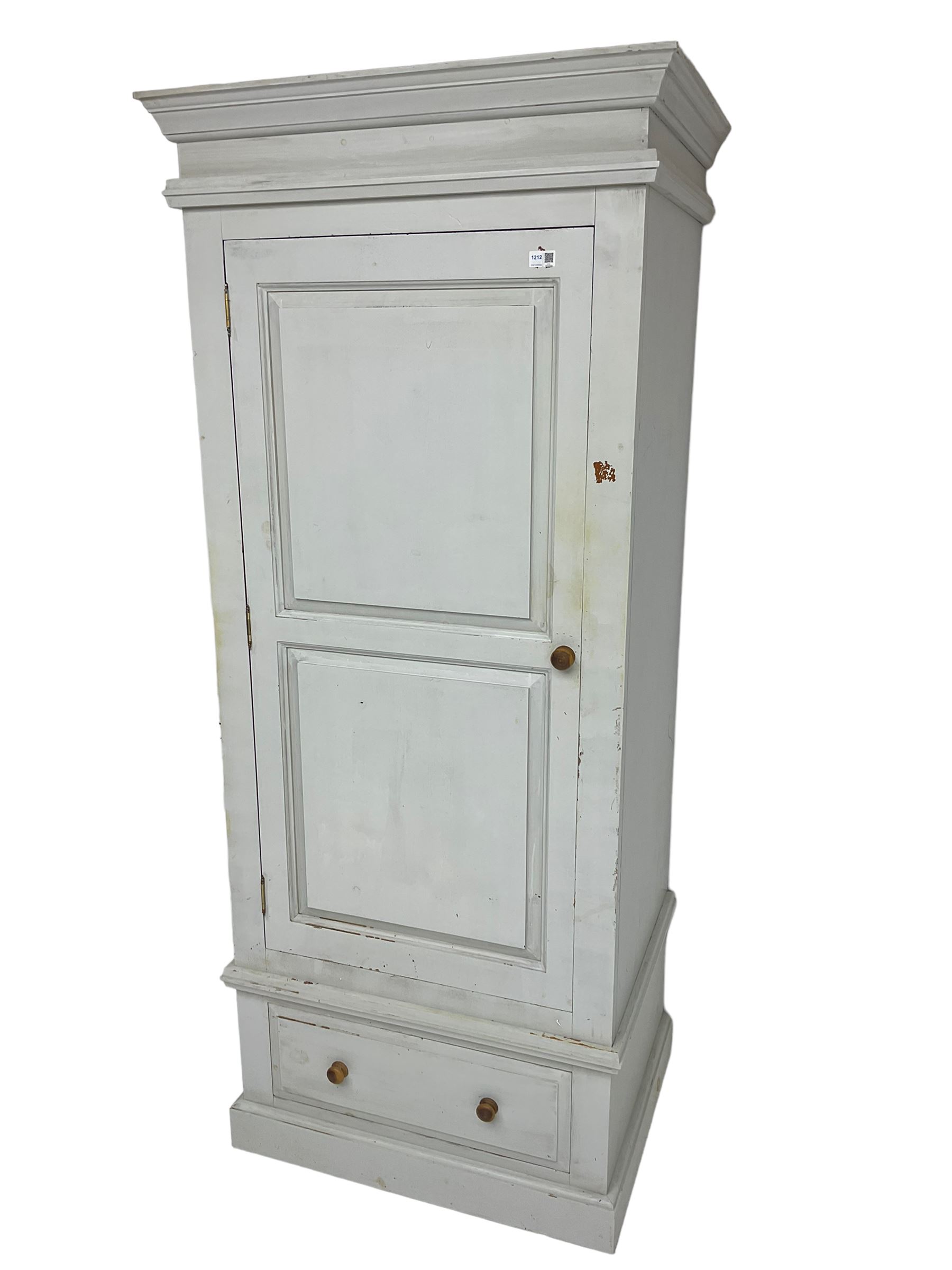 Painted pine single wardrobe, projecting cornice over panelled door, fitted with single drawer to base