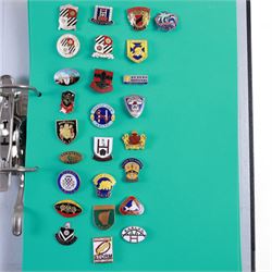 Amateur rugby league enamel badge collection, teams including Birmingham Bulldogs, Bridlington, Dudley Hill, Duke of York, Edinburgh Eagles, Guiseley, Rangers, Huntingdon, Keighley Town, Leigh Miners, Pilkington Recs, St Josephs, Thornhill Trojans, West London Sharks etc, all displayed in three folders and six amateur league badges from Leeds & District, Hull & District, York & District, Warrington, Lancashire County and Yorks County in box display, (approximately 270)