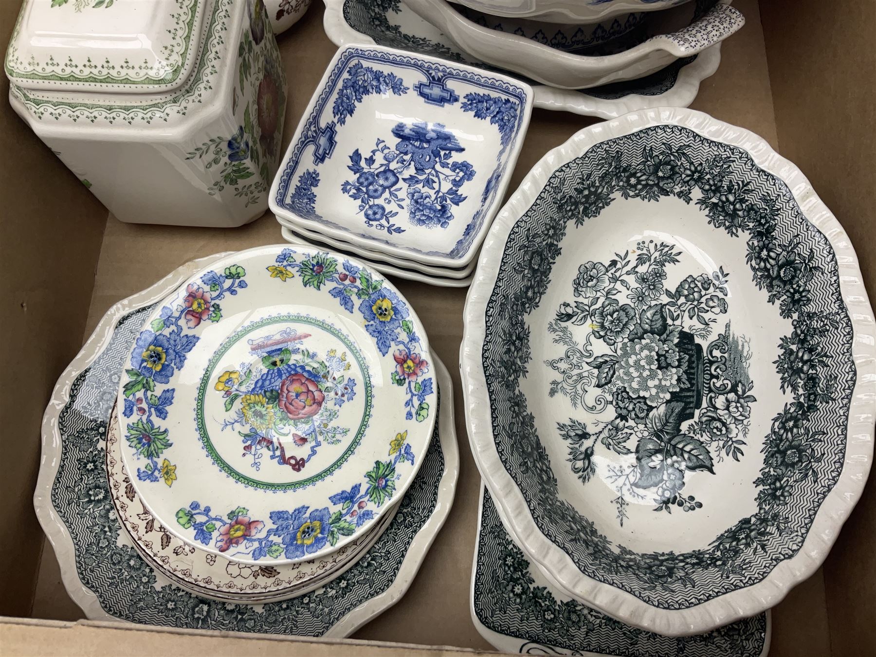 Masons Ironstone ceramics, including Ascot pattern jug, charger and oval plates, two tea jars, Manchu pattern fruit bowl, Fruit Basket pattern fruit bowl, etc, in three boxes
