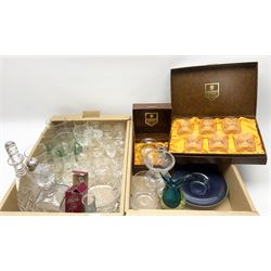 Group of assorted glassware, to include two decanters, Edinburgh Crystal boxed set of six drinking glasses, Edinburgh Crystal boxed jug, other drinking glasses, etc., in two boxes 