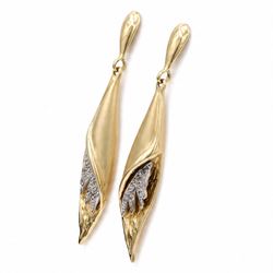 Pair of 14ct yellow and white gold cubic zirconia abstract design pendant stud earrings, stamped 585
