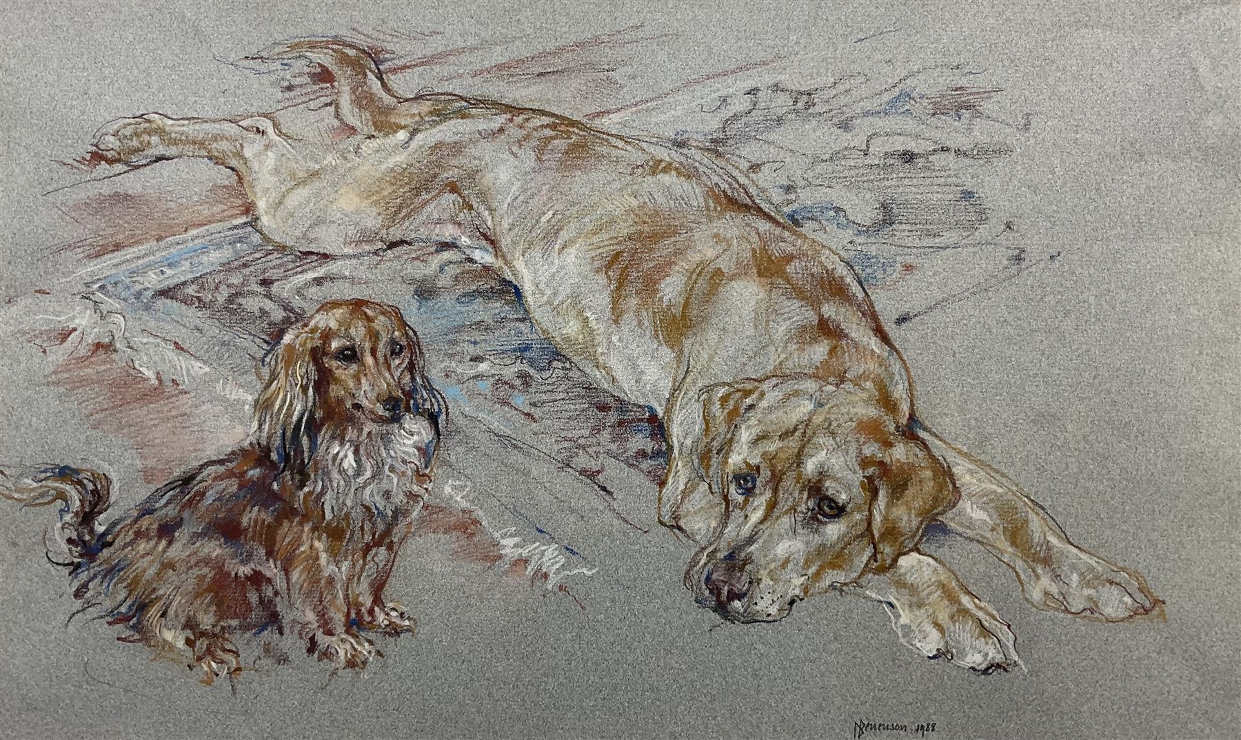 Dennison (20th Century): Two Dogs on a Rug, pastel indistinctly signed and dated 1988, 28cm x 48cm 