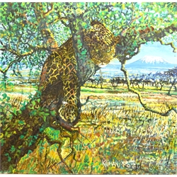  Leopard in a Tree with 'Kilimanjaro' in the background, African School oil on canvas laid on board signed and dated Syd '95, 95cm x 99cm (unframed)  
