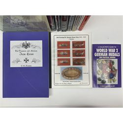 Excellent collection of twelve German Third Reich reference books including four by Adrian Forman - Guide to Third Reich German Awards and Documents, ........ Documents and Their Values. Volumes one and two. Both limited edition and signed by the author; and Bravery, Courage & Valour - Decorations and Awards of the Third Reich; D.E. Bowen: The Prussian & German iron Cross. Signed by the author; Ulric of England: Collecting Third Reich 'SS' and Political Cuffbands. Two volumes; Don Boyle: 'SS' Totenkopf H. Himmler Ring 1933-1945. 2nd printing. Signed by the author and inscribed to 'Adrian' (Forman); and four others (12)
