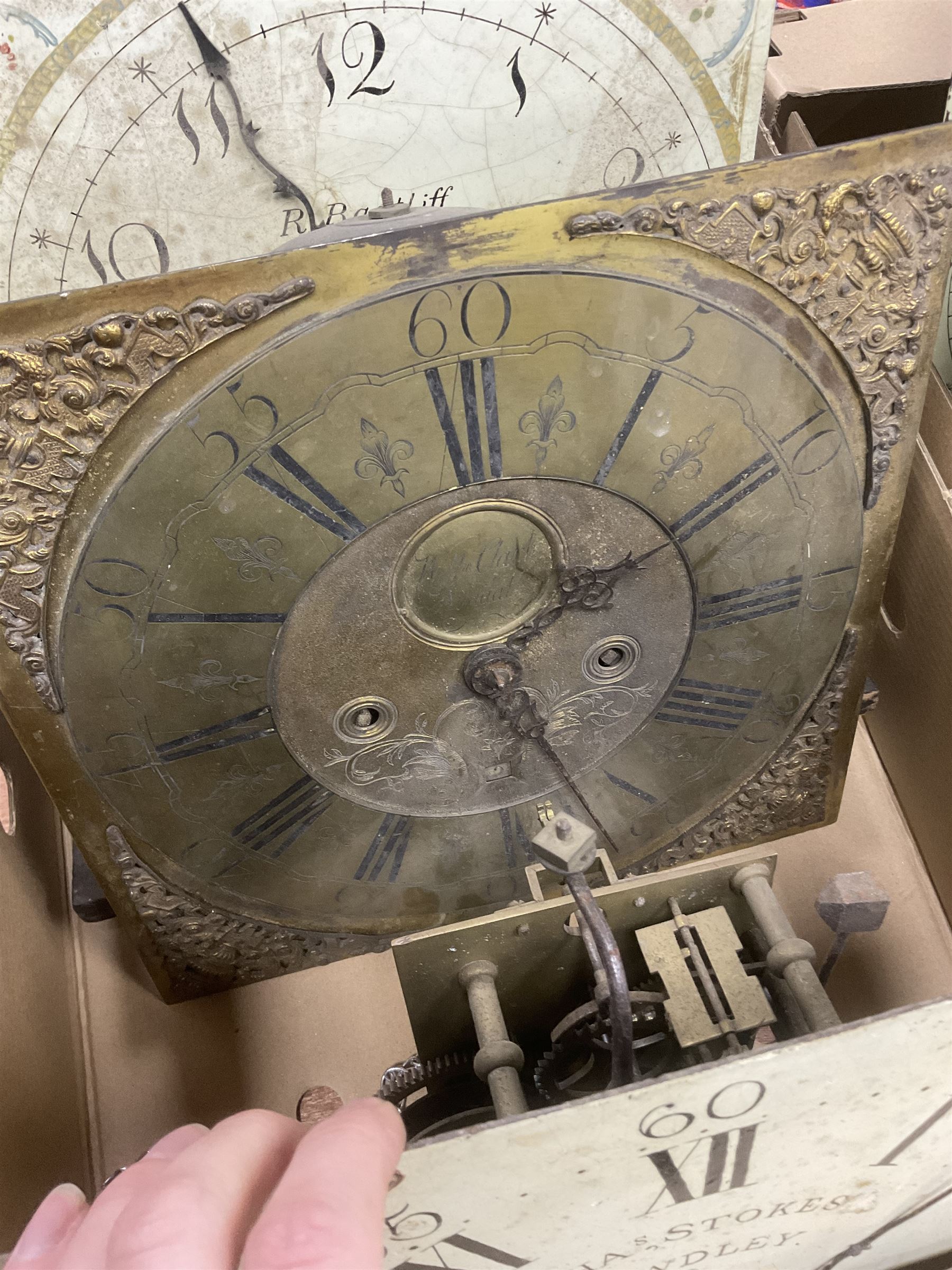 Six 19th century longcase clock movements, including brass dial by William Clark of Kendal, painted dial by Bartliff of Malton, etc