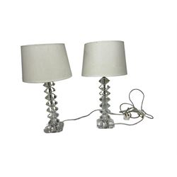 Pair of clear resin table lamps, with shades, H43cm